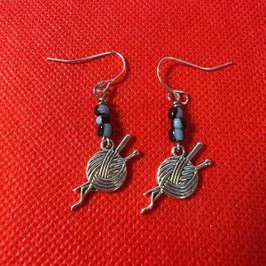 Knitting Knitter's Yarn and Needles with Blue & Black Beads Silver Tone Earrings